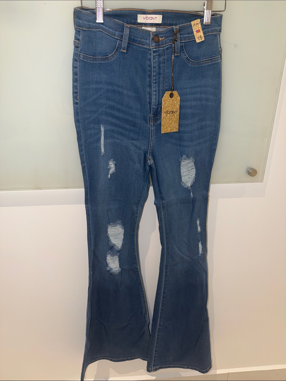Vigont Women's Distressed Flare Jeans in Dark Blue